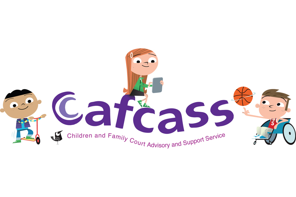 Cafcass logo with cartoon illustrations of children playing