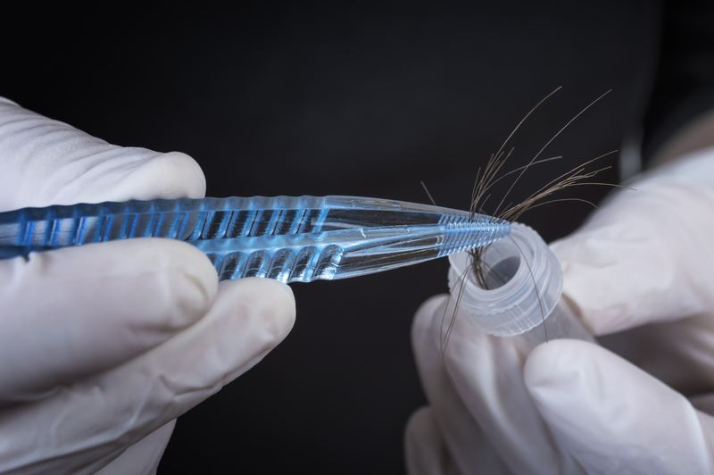 Gloved hands placing hair strands into a laboratory sample container